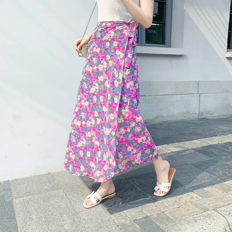 2020 new summer beach chic floral high waist lace one-piece printed Chiffon long slit tango black tulle purple sexy skirt women