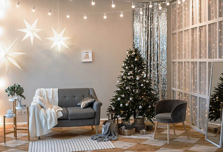 Avezano Christmas Photography Background Winter Glitter Star Light White Window Sofa Backdrop Photo Studio Family Portrait Decor