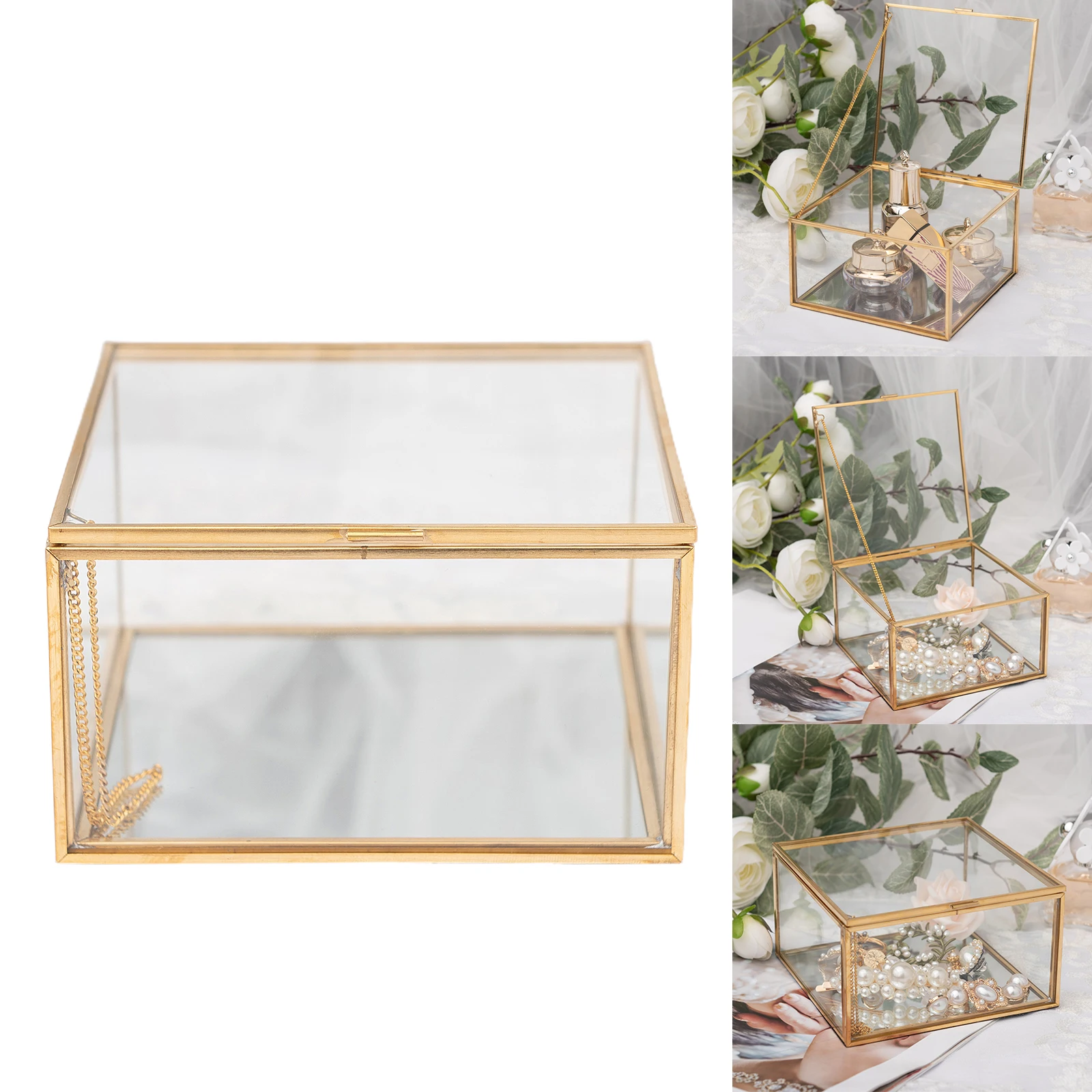 Golden Square Vintage Brass & Clear Glass Decorative Box Home Decor, Small Jewelry Case Box Organizer with Latching Lid 5x5x3\