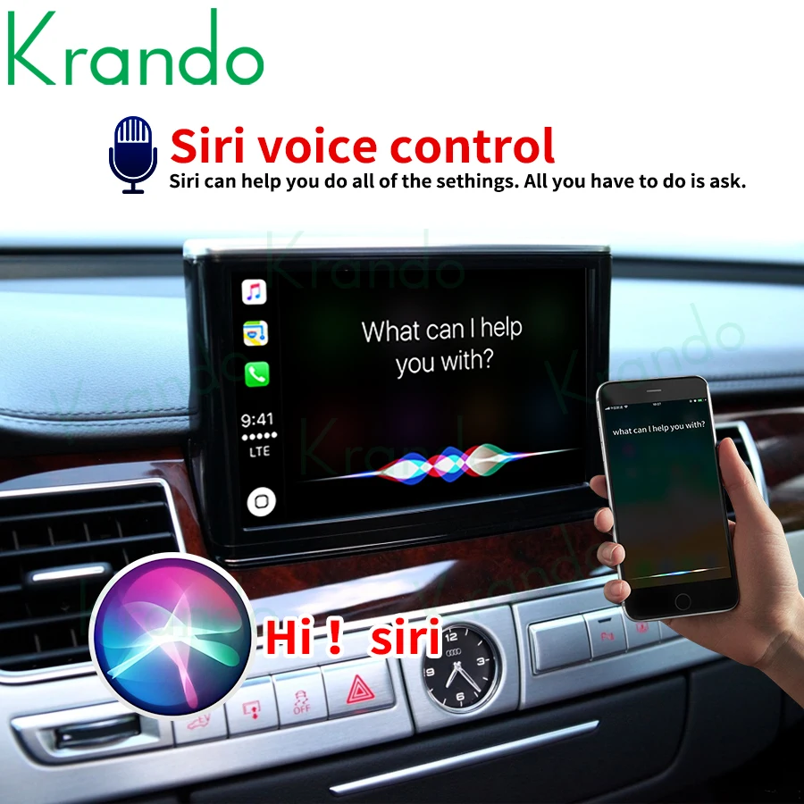 Krando Android Auto Wireless CarPlay Interface Box For Audi A8 2010 - 2017 MMI 3G Module Upgrade BT Siri Control Recamera