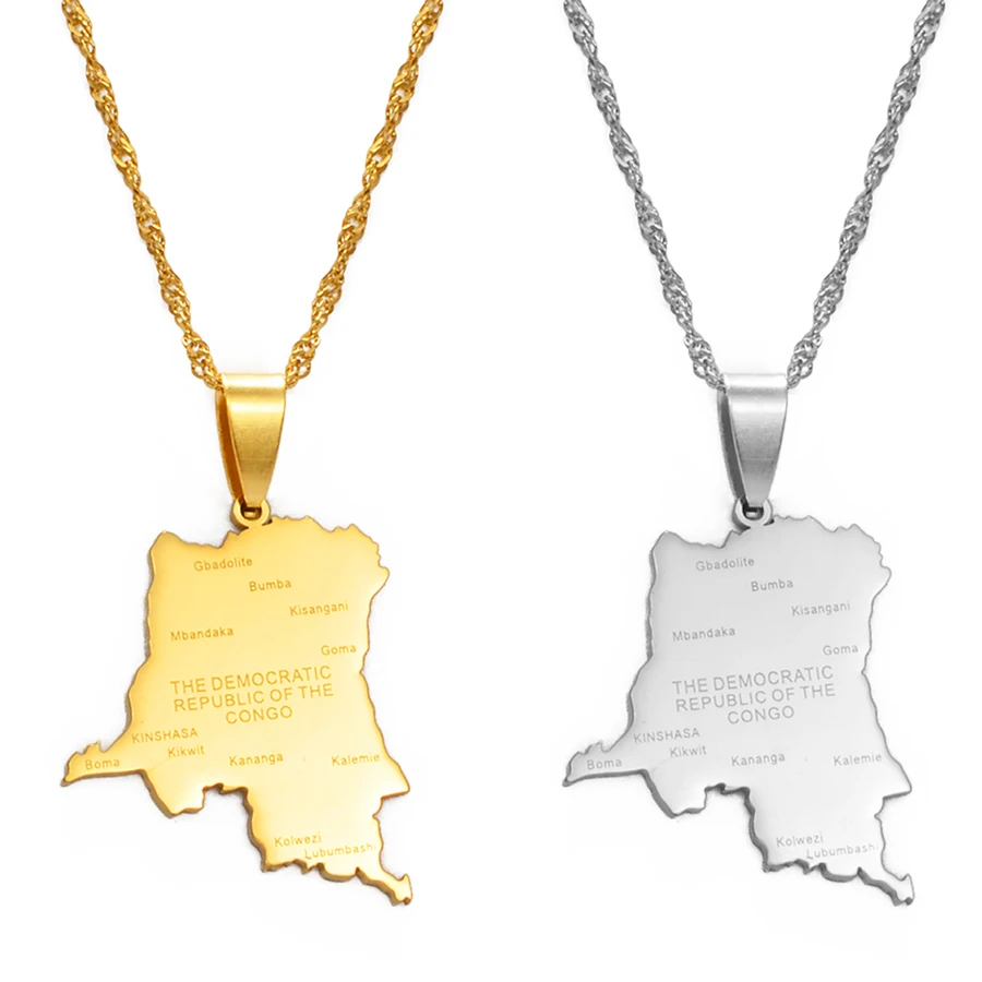 Anniyo Democratic Republic of the Congo Map Cities Pendant Necklace Chain Necklace DRC Jewelry #176021