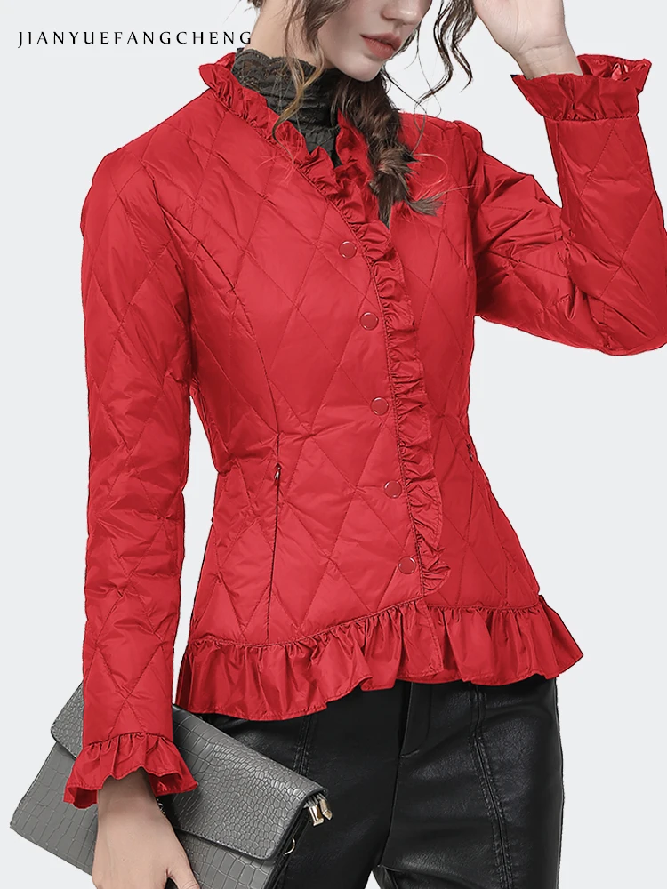 Imagem -05 - Feminino Elegante Babados Fino Curto para Baixo Jaqueta para o Inverno Quente Levemente Branco Pato para Baixo Cabolsa Puffer Moda Coreano Jaquetas Casuais