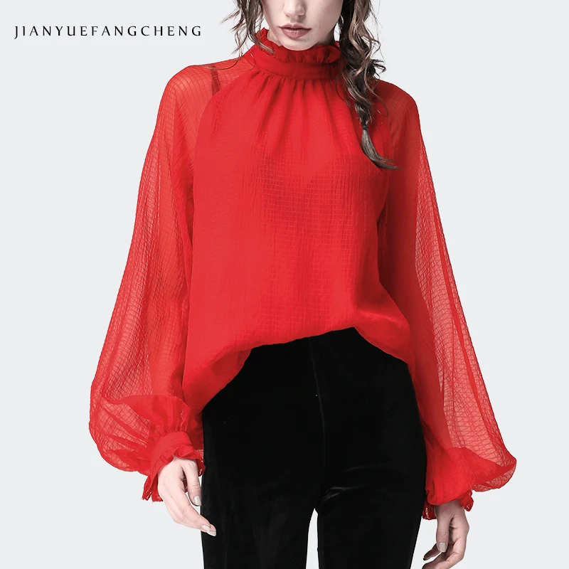 Lantern Sleeve Red Chiffon Blouse Mesh Top Women Spring Summer Loose-Fitting Plus Size Long Sleeves Stand Ruffled Collar Shirts