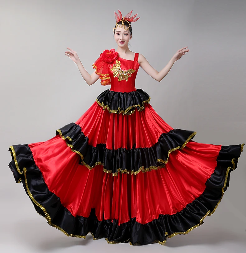 Fato de dança espanhola adulto, saia flamenca, dança de abertura, grande balanço, saia cigana vermelha, performance de palco