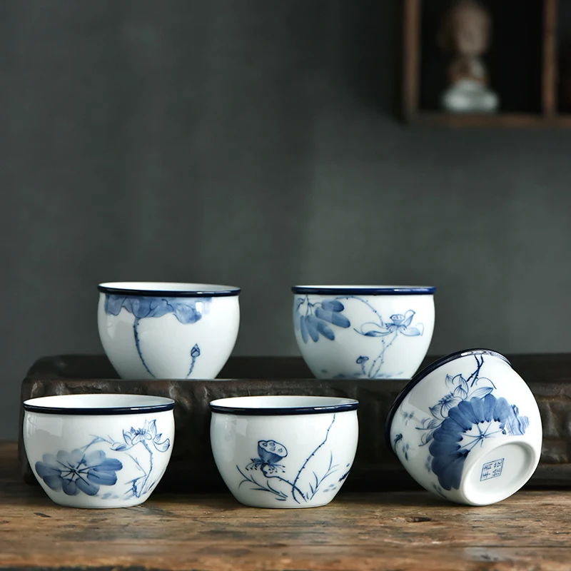 Blue and White Porcelain Kung Fu Teacup, Lotus Painting Tea Cup, Landscape Set, NO.YZ105