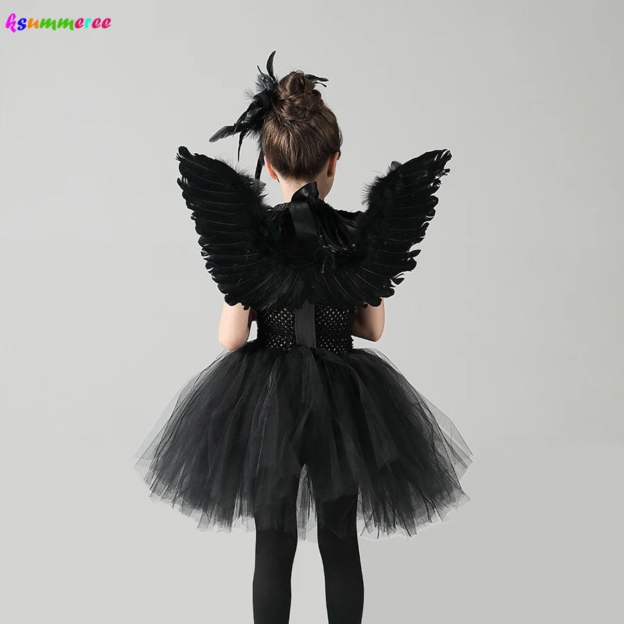 Children Black Swan Lake Ballerina Costume Kids Girls Gothic Witch Swan Halloween Tutu Dress Evil Queen Tutu Feather Dress