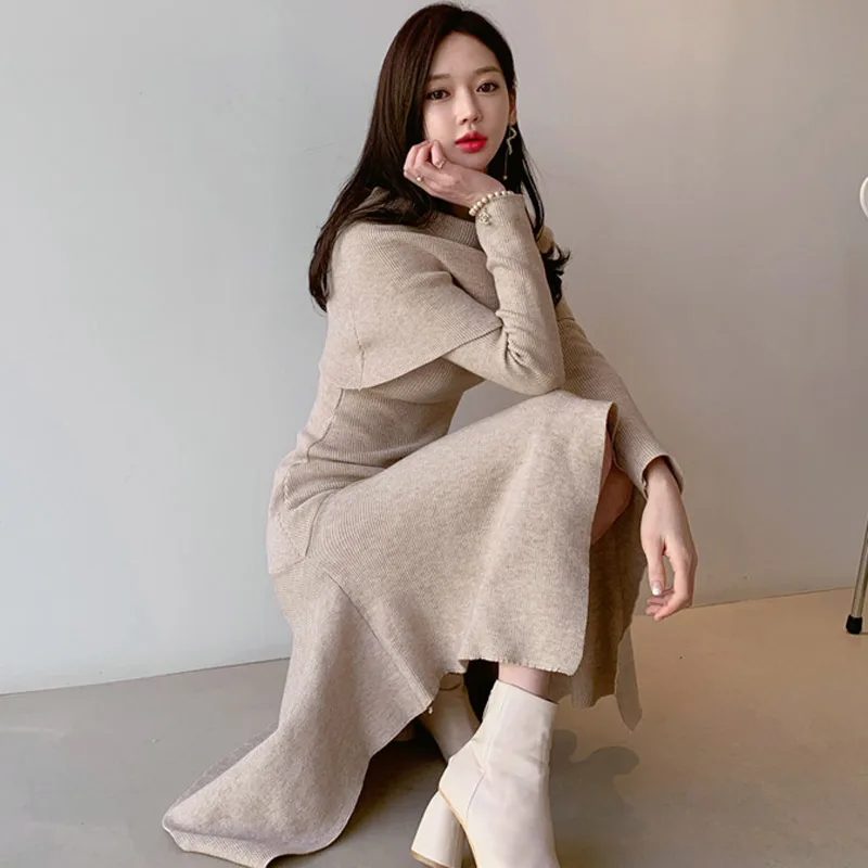 JSXDHK Women Fashion Slash Neck Midi Knitting Dress New Korean Autumn Winter Ruffles Off Shoulder Sexy Bodycon Sweater Dresses