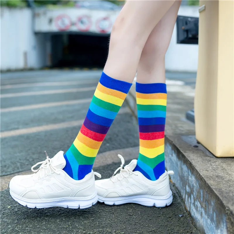 Rainbow Seven Colour Women Socks Spring and Autumn Pinkycolor Medium Solid Stripe Color For Fashion Girl Stockings Over The Knee