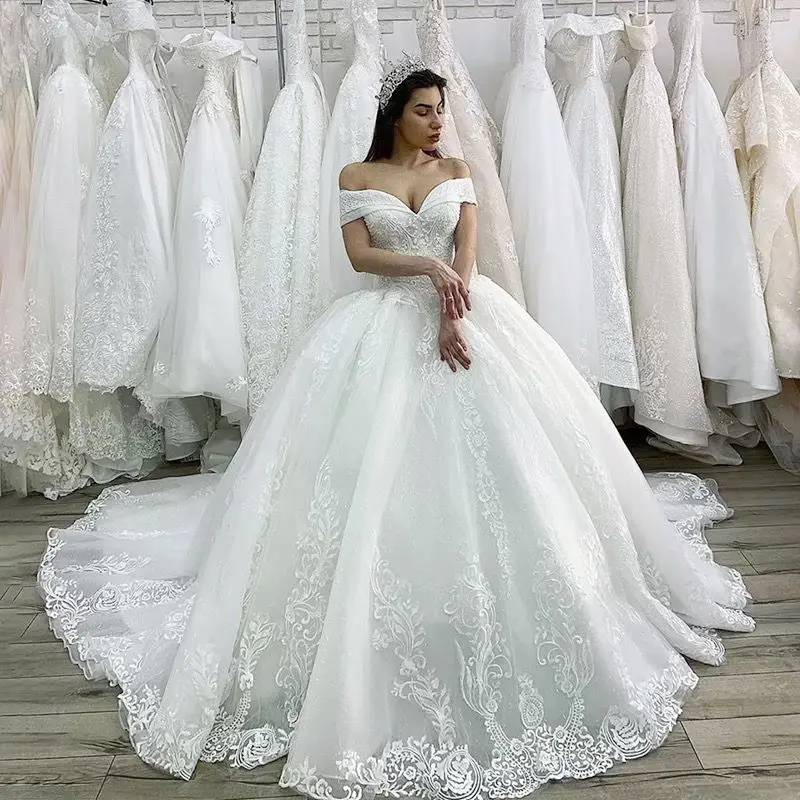 2023 koronkowe aplikacje zasznurować suknia luksusowe zroszony ślub księżniczki sukienka Off the Shoulder Bridal dostosowane Vestido De Noiva