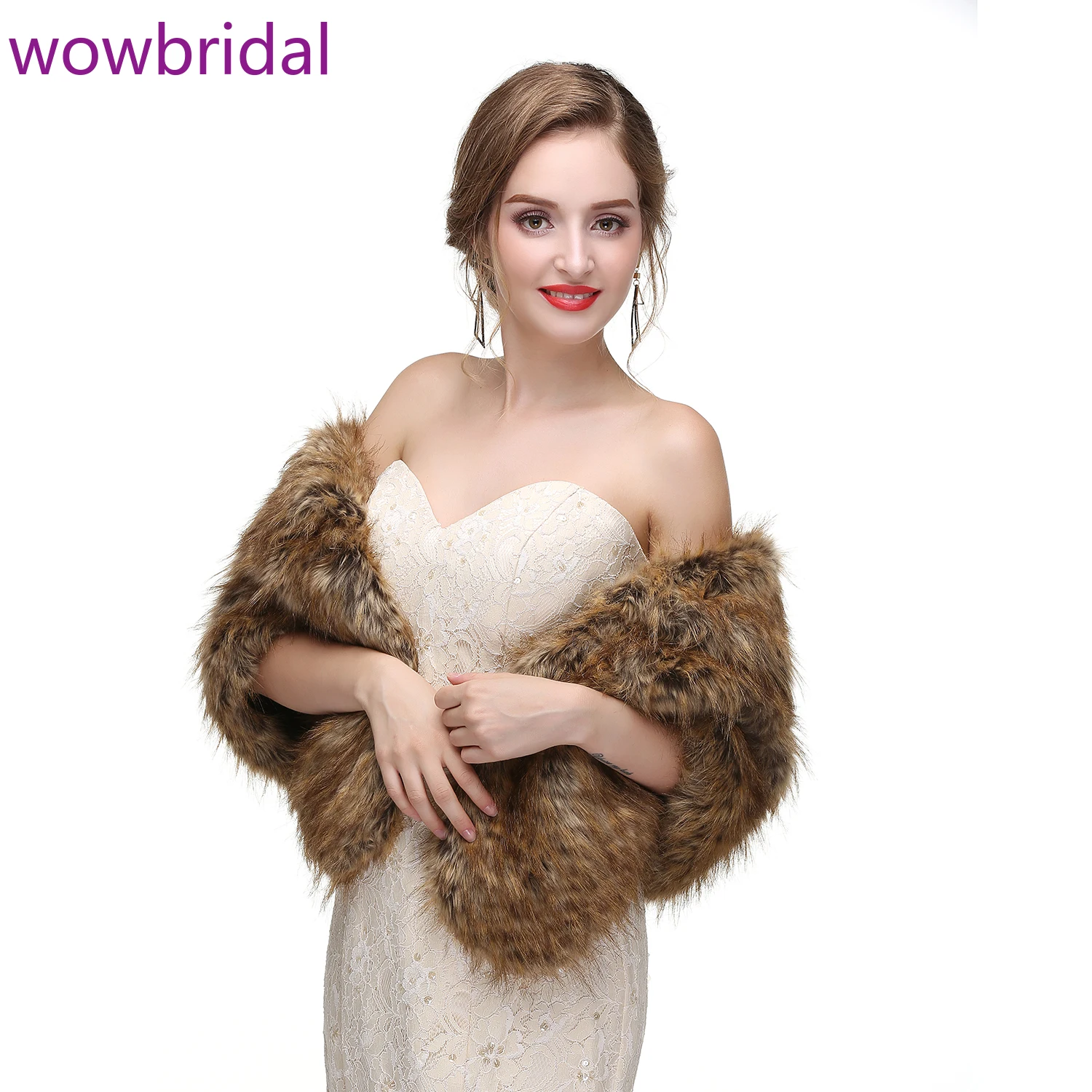 Wowbride-معطف شتوي من الفرو الصناعي الدافئ ، رداء الزفاف ، سترة ملفوفة للحفلات