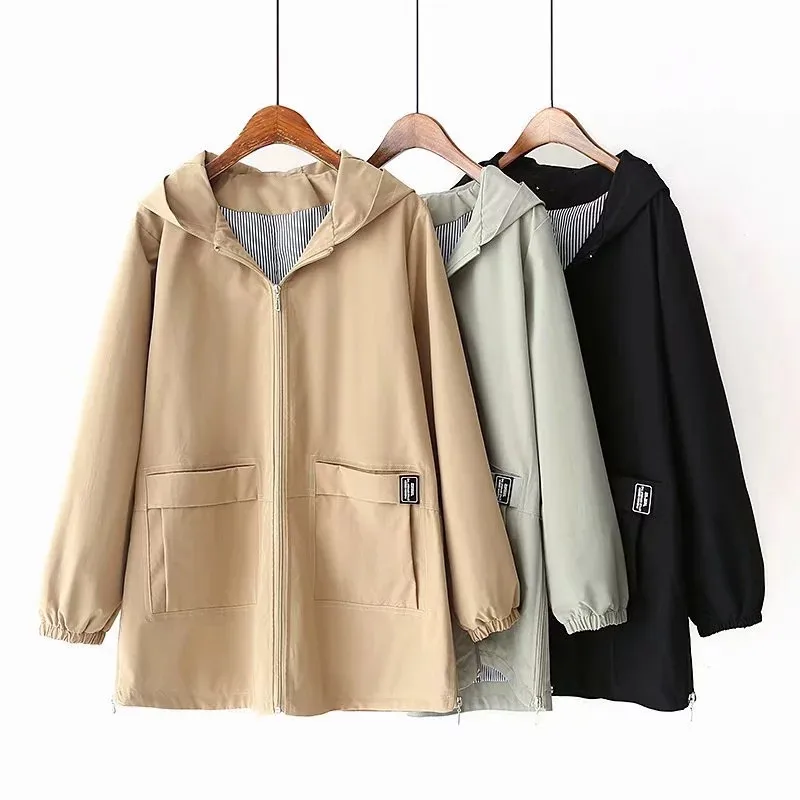 Spring Autumn Women Trench Coats Outerwear Long Sleeve Hooded Windbreaker Slim Plus size Casual Tops Female Basic Coat 5XL