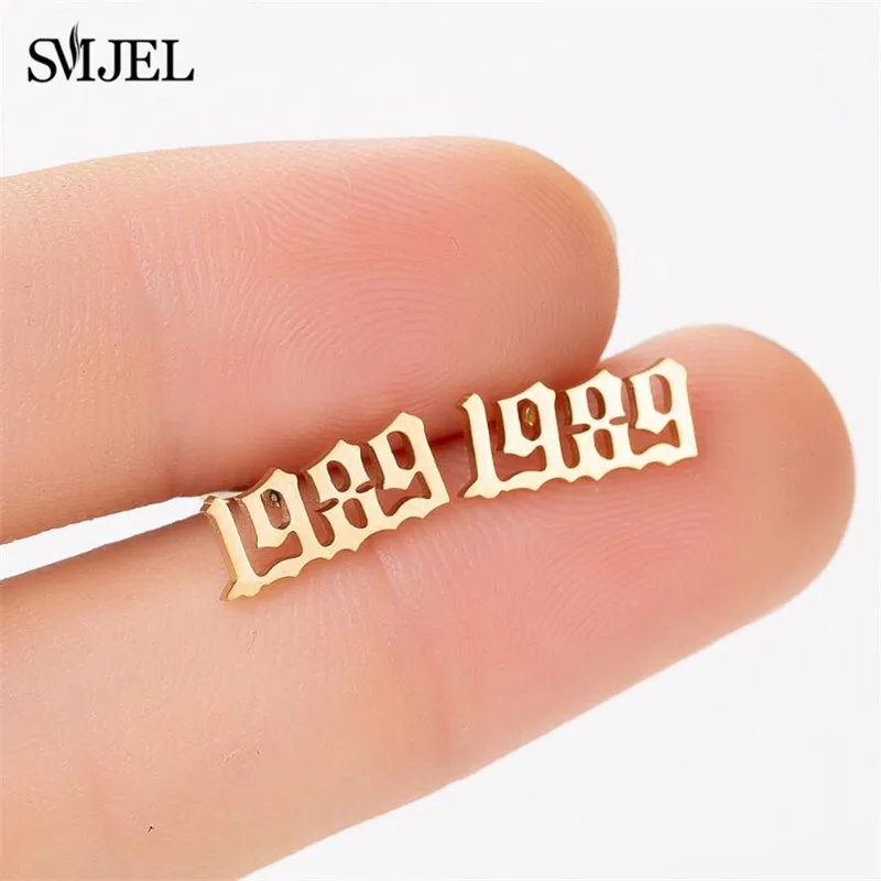 SMJEL Year Number Earrings Men Women Stainless Steel Jewelry Custom Year 1980 1995 2019 Ear Piercing Birthday Gift