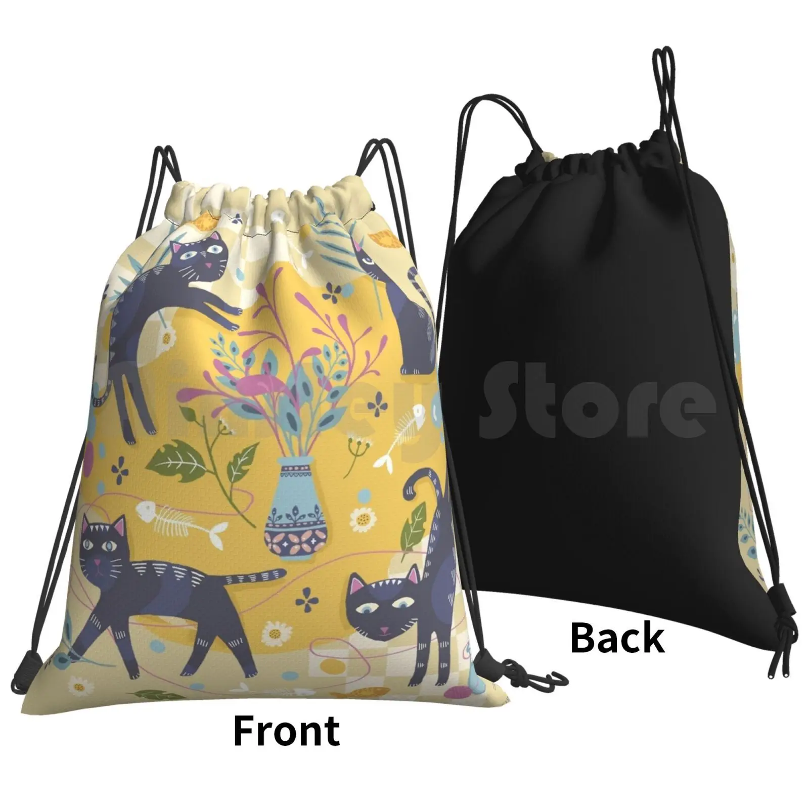 Bali Black Cats Flowers Backpack Drawstring Bags Gym Bag Waterproof Cat Cats Black Yellow Play Flowers Floral Fish Bone