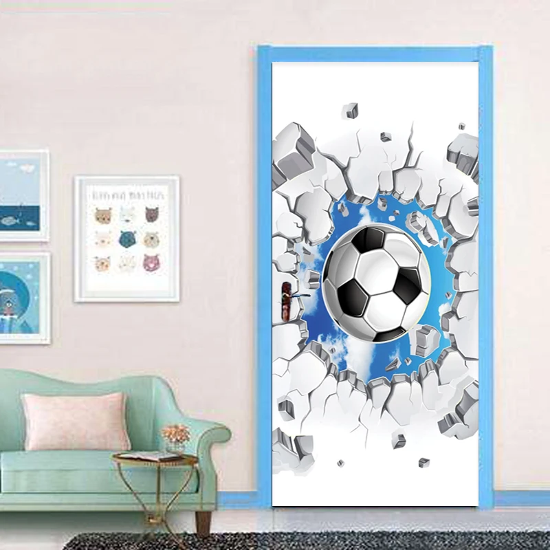 PVC Self-Adhesive Waterproof Door Sticker 3D Football Blue Sky Mural Wallpaper Children's Bedroom Home Decor Wall Sticker Poster