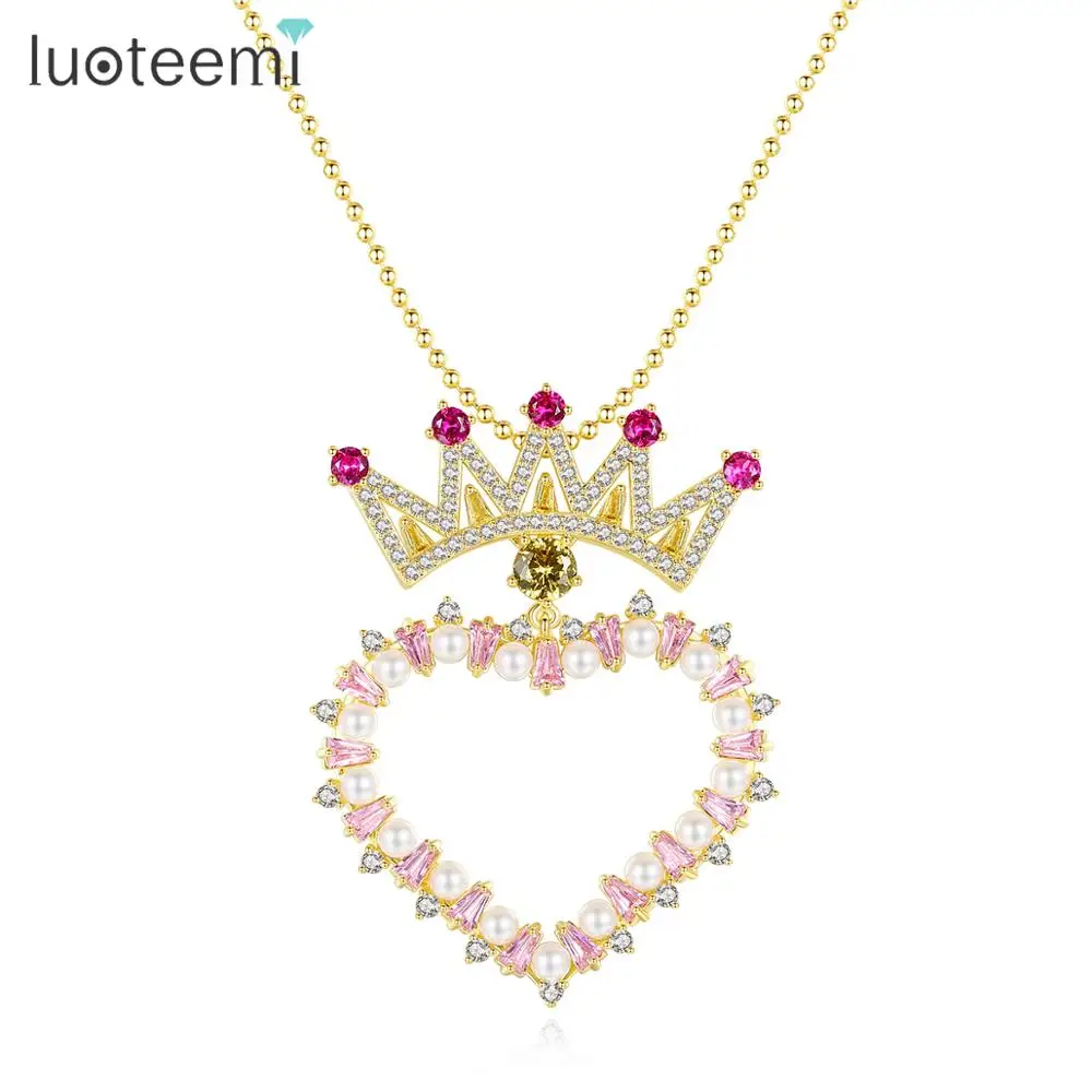 

LUOTEEMI Imitation Love Pearl Heart Pendant Necklaces for Women Wedding Fashion Jewelry Crown Kolye Bijoux Femme Christmas Gifts