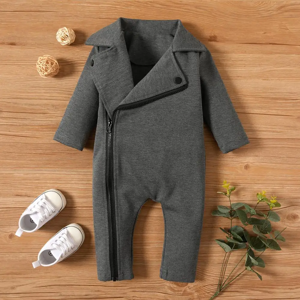 PatPat New Spring And Autumn Baby Gentleman Solid Jumpsuit for Baby Boy Bodysuits Clothes Solid Big Lapel Long-sleeve Jumpsuit