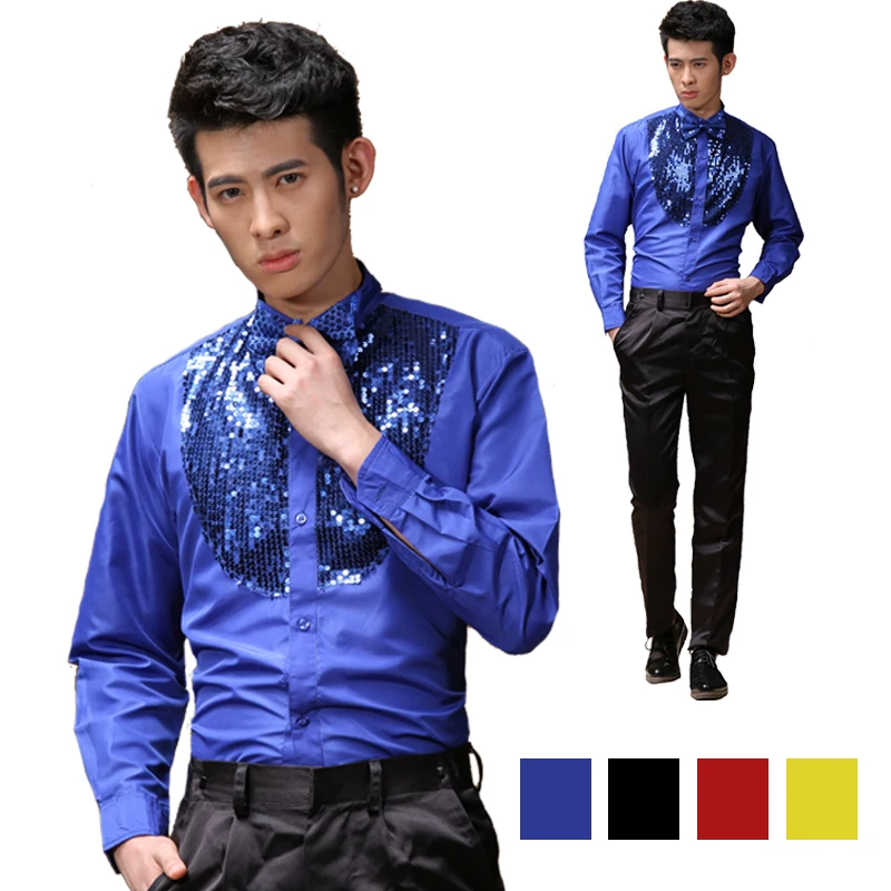 2021 Elegant Latin Dance Tops for Male Black White Blue Cotton Shirt Men Ballroom Competitive Wedding Party Tops Wears