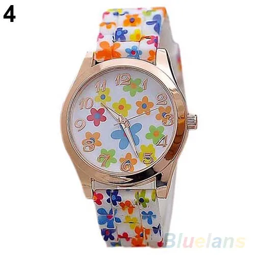 Vintage Women Watch Flower Print Silicon Band Clock Numerals Alloy Dial Quartz Wrist Watch Reloj Mujer Ladies Watch Gift