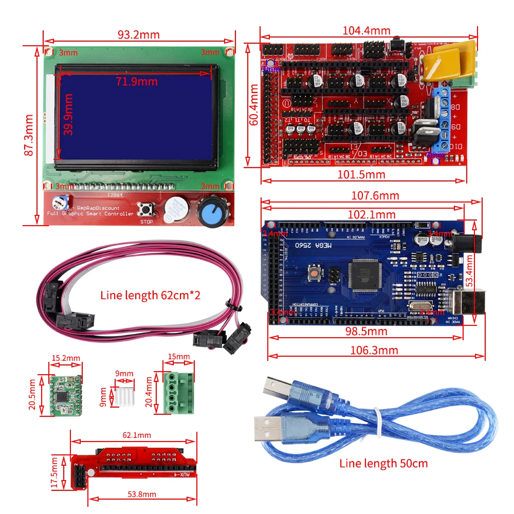 RAMPS 2004/12864 zestaw płyty głównej LCD Mega 2560 Ramps 1.4 kontroler płyta główna A4988 moduł napędu krokowego do drukarki 3D Arduino