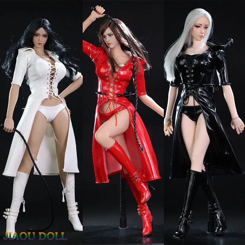 

Red/Black/White Color 1/6 Scale Sexy Female Fashion Hood Leather Trench Coat Underwear Leather Whip Model for 12'' Body Red/Bla