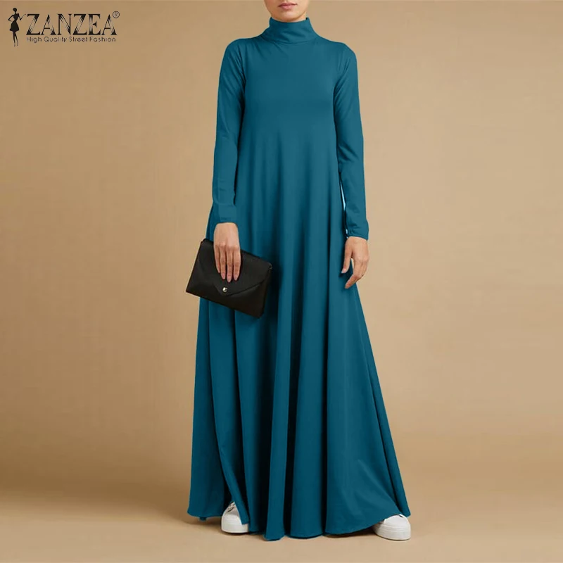 Fashion Autumn Turtleneck Long Sleeve Sundress Women Maxi Long Dress ZANZEA Elegant Solid Casual Robe Femme Kaftan Party Vestido