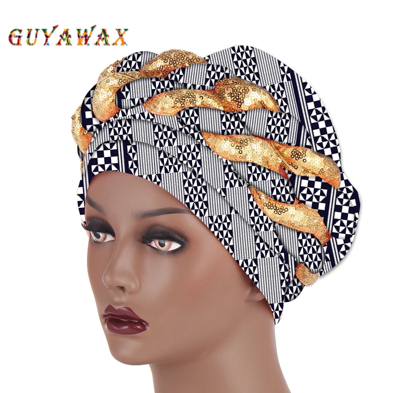 Latest African Auto Geles Aso Oke Headtie Already Made Headties Shinning Sequins Turban Hat for Women Ready Female Head Wraps