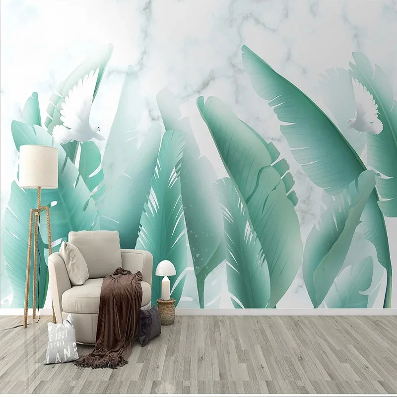 Custom Self-Adhesive Wallpaper Nordic Hand-Painted Tropical Leaves Marble Home Decor Papel De Parede Sticker Tapety