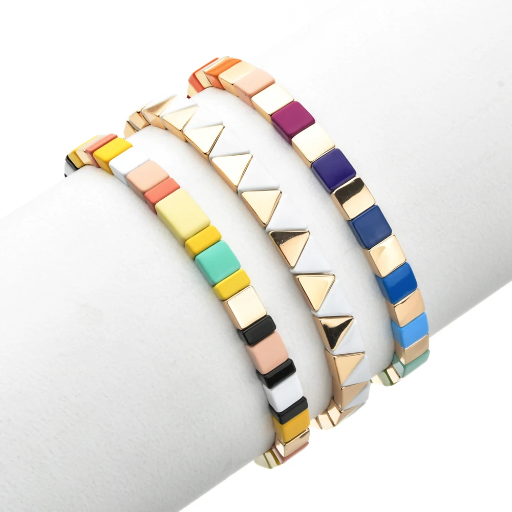2024 Spring Boho Bracelet Handmade Friendship Braided Stackable Enamel Rainbow Tile Bracelet Fashion Street Photography Bangles