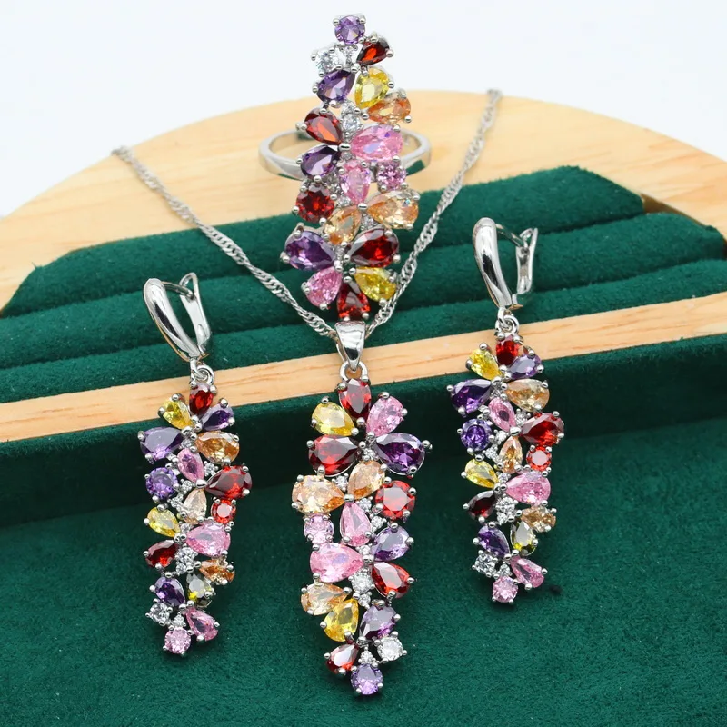 New Multicolour Topaz 925 Silver Jewelry Set For Women 5 Colors Available Earrings Necklace Pendant Ring Birthday Gift 4PCS