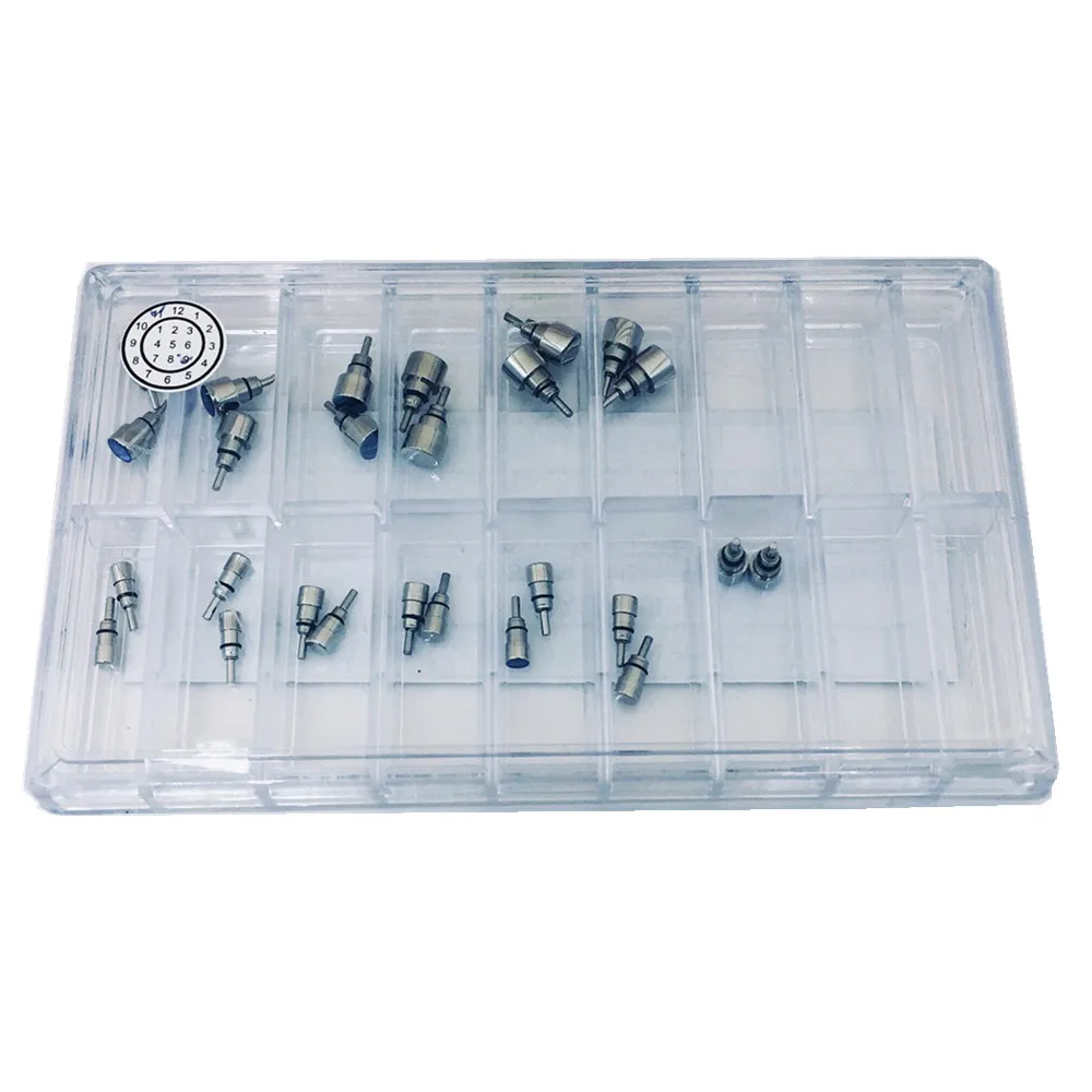 Box Prata Clássico Unidade no Relógio Empurrador Botão Coroa Conjunto de Peças Reparo Substituição para Relojoeiros Aço Inoxidável 26 Pcs