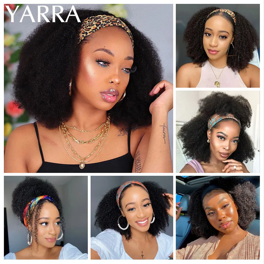 YARRA-Afro Kinky Curly Cabelo Humano Headband Peruca para Mulheres Negras, Densidade 180%, Remy Brasileiro, Máquina Completa Feita, 100% Cabelo Humano