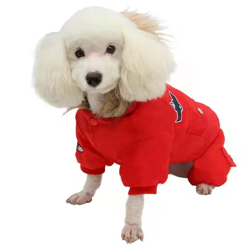 Red USA Airman Style Pet Dogs Coat Warm Small Dog Apparel Fleece Winter Coat Snowsuit Hooded Jumpsuit Waterproof Clothing