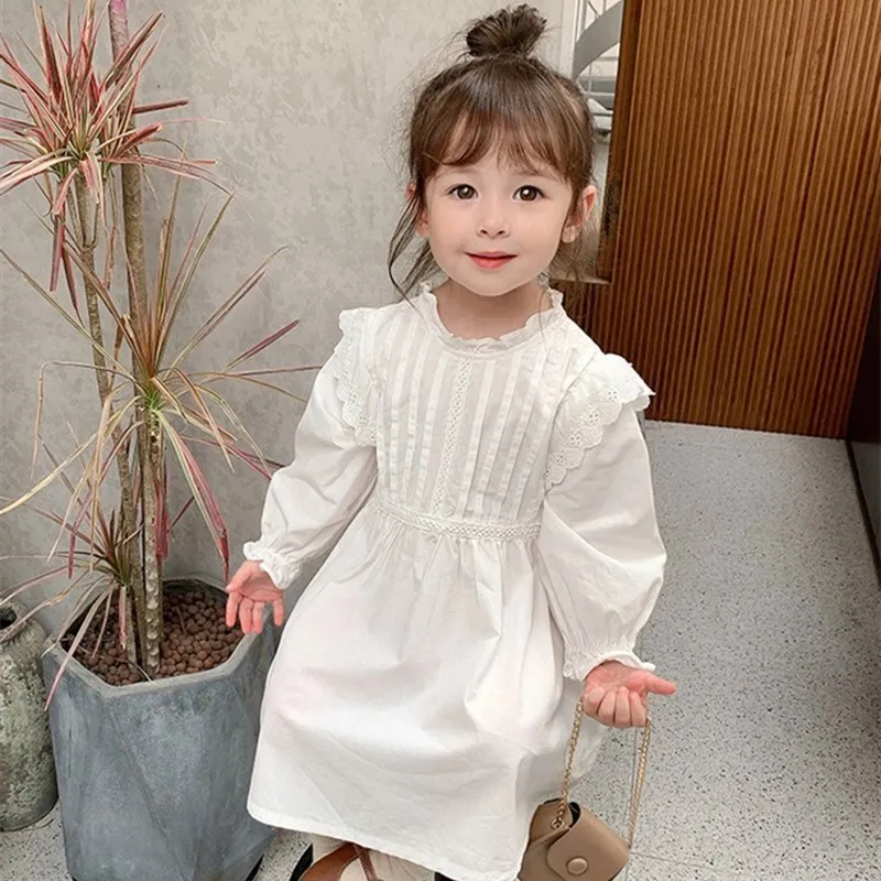 Baby Girl Princess Ruffle Dress White Long Sleeve Toddler Girl Cotton Vestido Vintage Party Wedding Pageant Baby Clothes 2-10Y