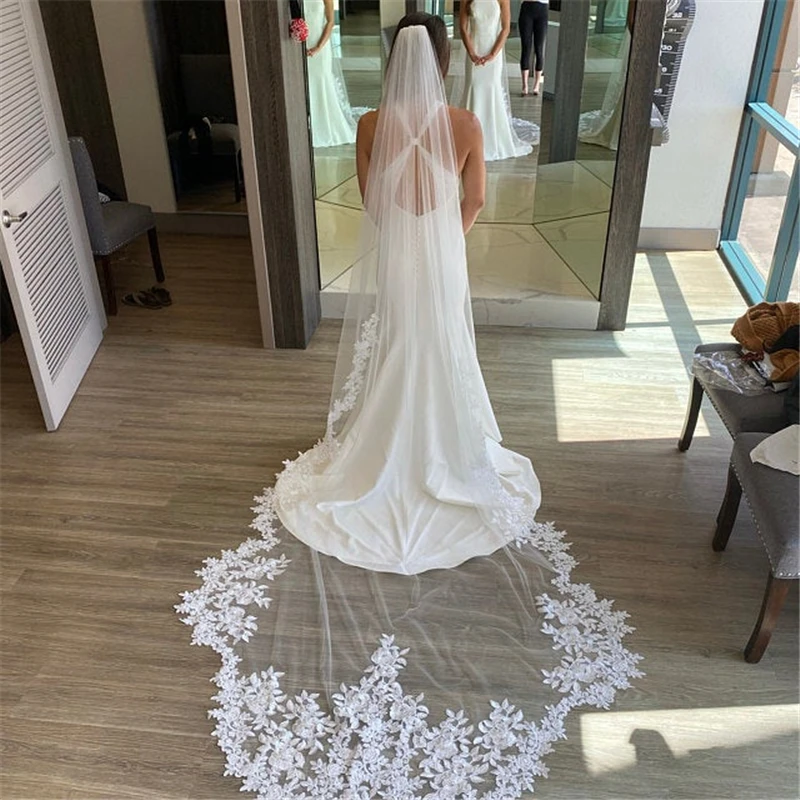 

3 Metres Scallop Lace Bridal Wedding Veils With Come One Layer White Ivory Cathedral Tulle Floral Long Flowers Veil for Brides