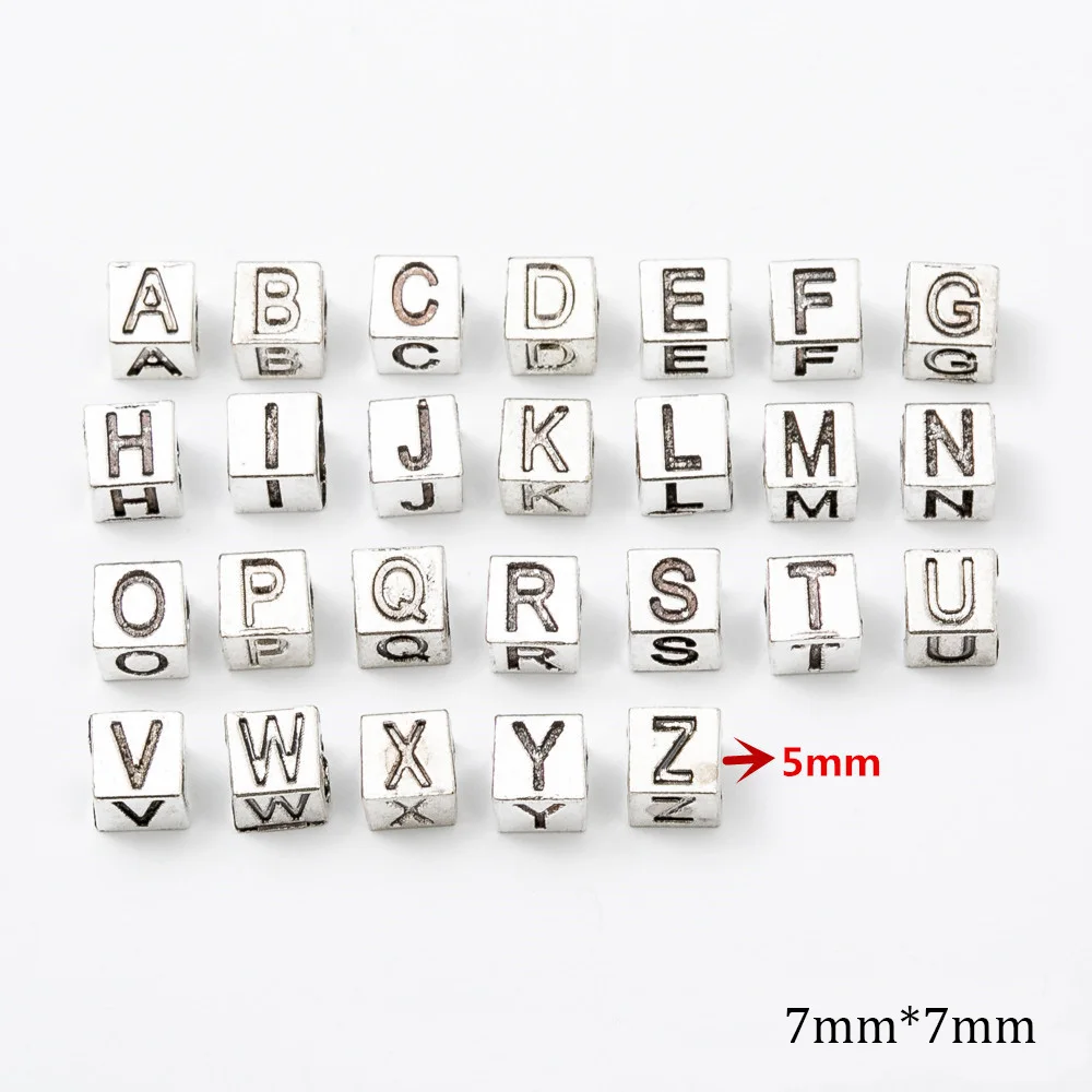 High Quality 10 Pieces/Lot 7*7mm Antique Silver Plated Square Number Alphabet Beads Charms For DIY Jewelry Making Findings