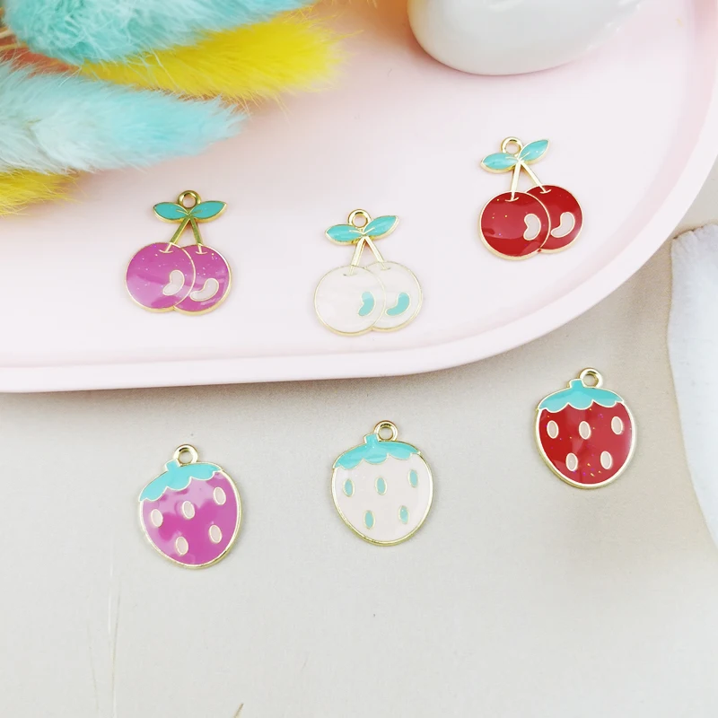 10pcs Sweet Cherry Strawberry Alloy Enamel Charms Drop Oil Fruits Pendants Earrings Dangle DIY Jewelry Accessories Phone Decor