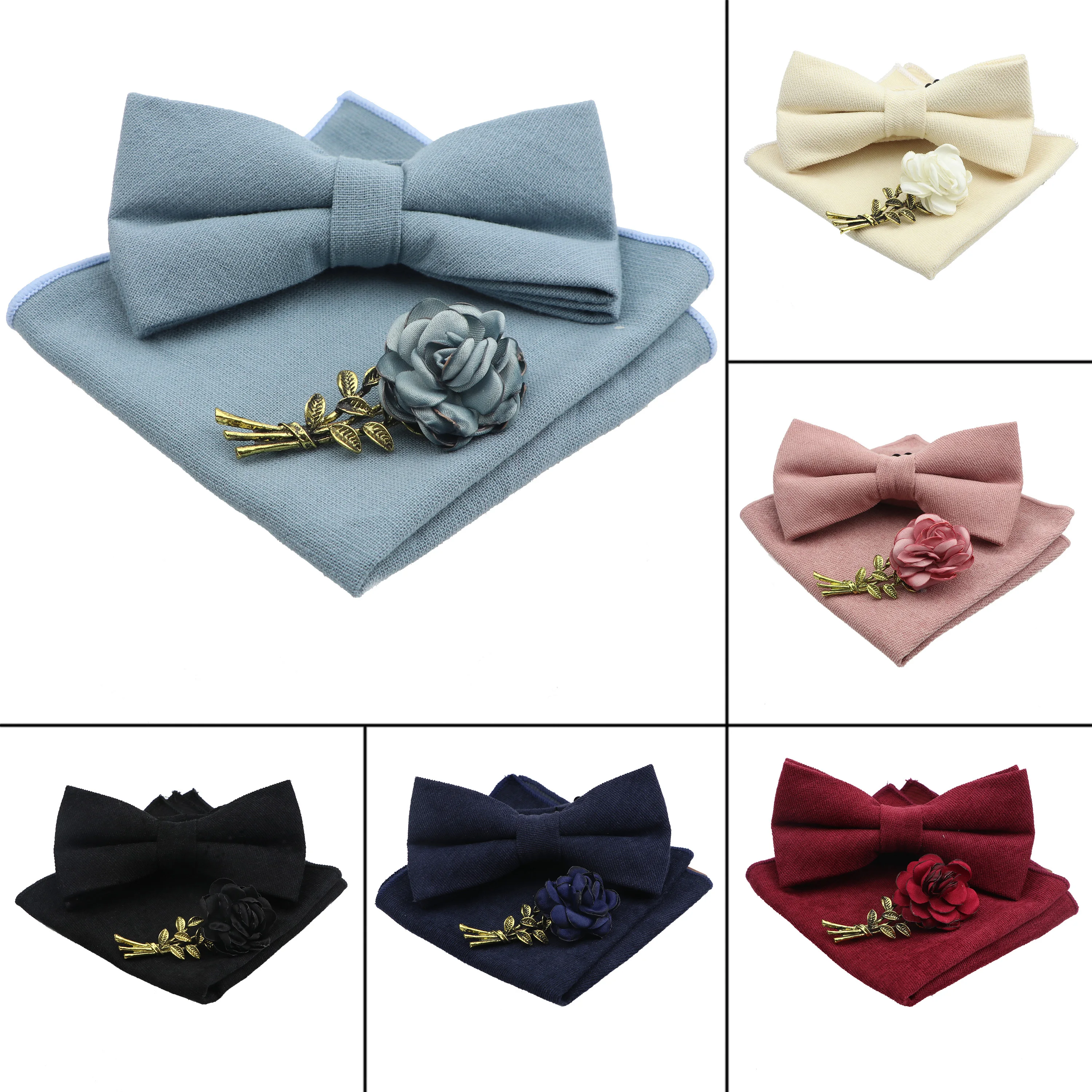 

Solid Color Cotton Bowtie Handkerchief Brooch Set Men Flower Butterfly Party Wedding Blue Pink White Bowties Novelty Ties Gift