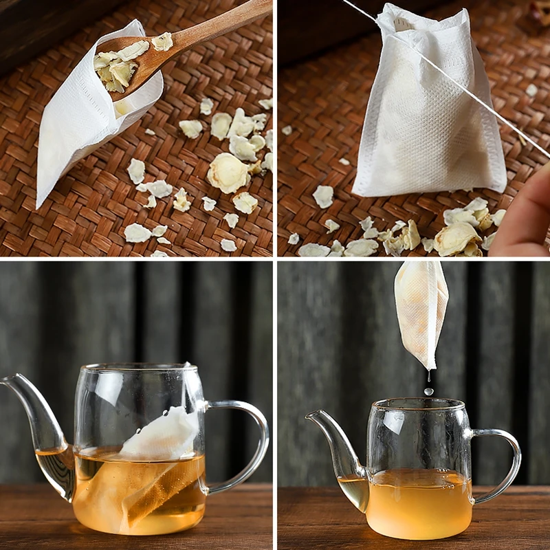 Bolsitas de té vacías desechables, bolsas de filtro para Infusor de té con papel de filtro de sello de cuerda para té suelto de hierbas, 100 Uds.