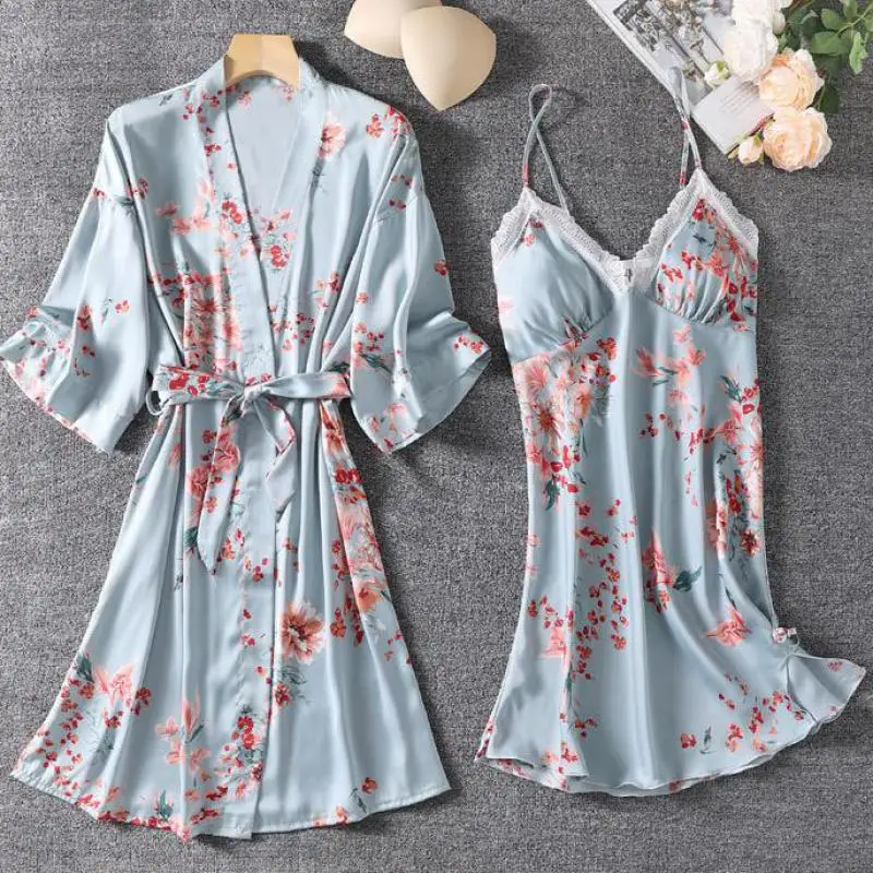 

Women Kimono Robe Gown Print Flower Sexy Bathrobe Set Summer Chemise Nightgown V-Neck Lace Loungewear Loose Home Dressing