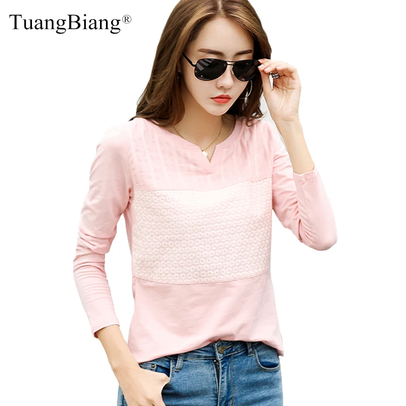 TuangBiang 2023 Spring Lace Patchwork Cotton All-Match Women V-Neck Long Sleeve Plus Size T-Shirt Light Pink Fashion Green Tops