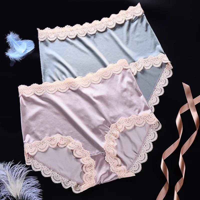 Women\'s Satin Panties Large Sizes New Sexy Lace Ruffles Silky Traceless High Waist Seamless Panties Plus Size Female Underwear