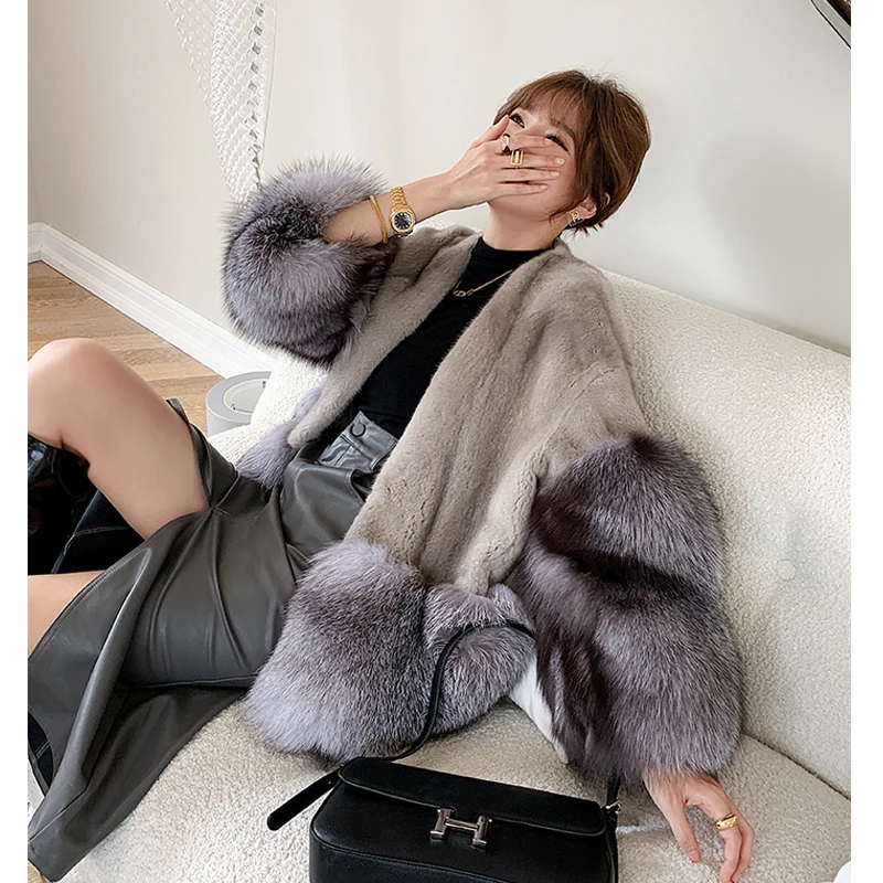 HDHOHR New 100% Natural Importe Mink Fur Coats 2024 winer Real Fox Fur Jackets Women Fashion Female Short Real Mink Fur Coat