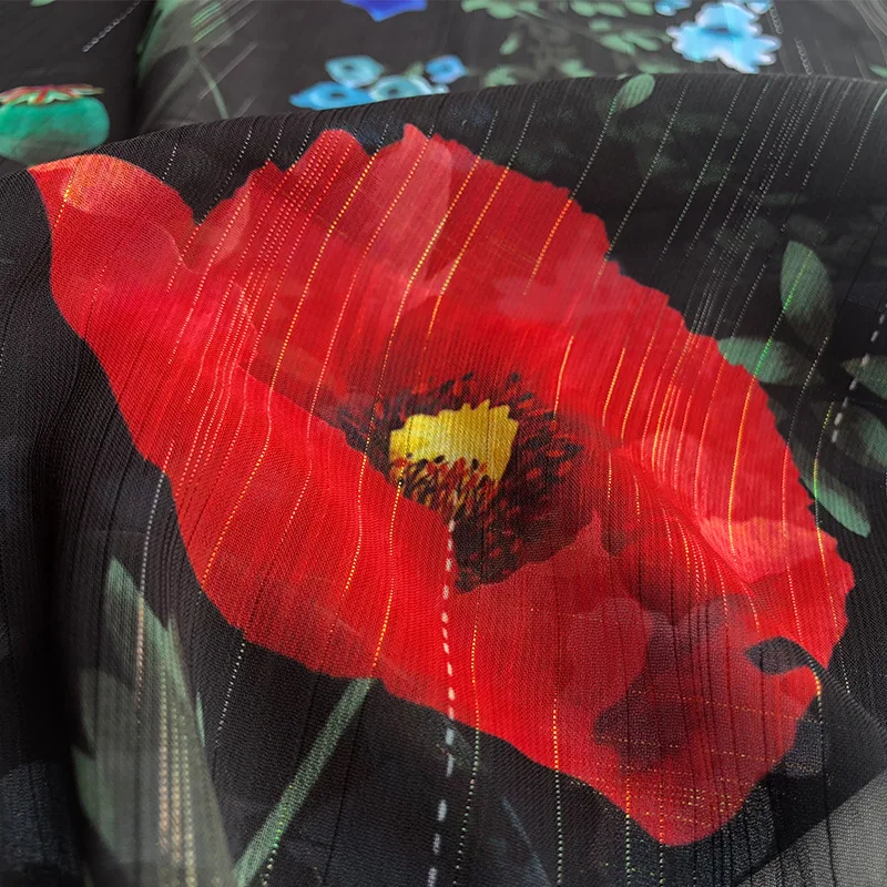 Poppy flower printed gold silk smooth fabric 145 cm width fashion dress fabric custom wholesale alibaba express