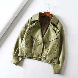 New Women Batwing Sleeve Pu Leather Jackets Femael Boyfriend Style Motorcycles Jacket Ladys Street Green Loose Jacket