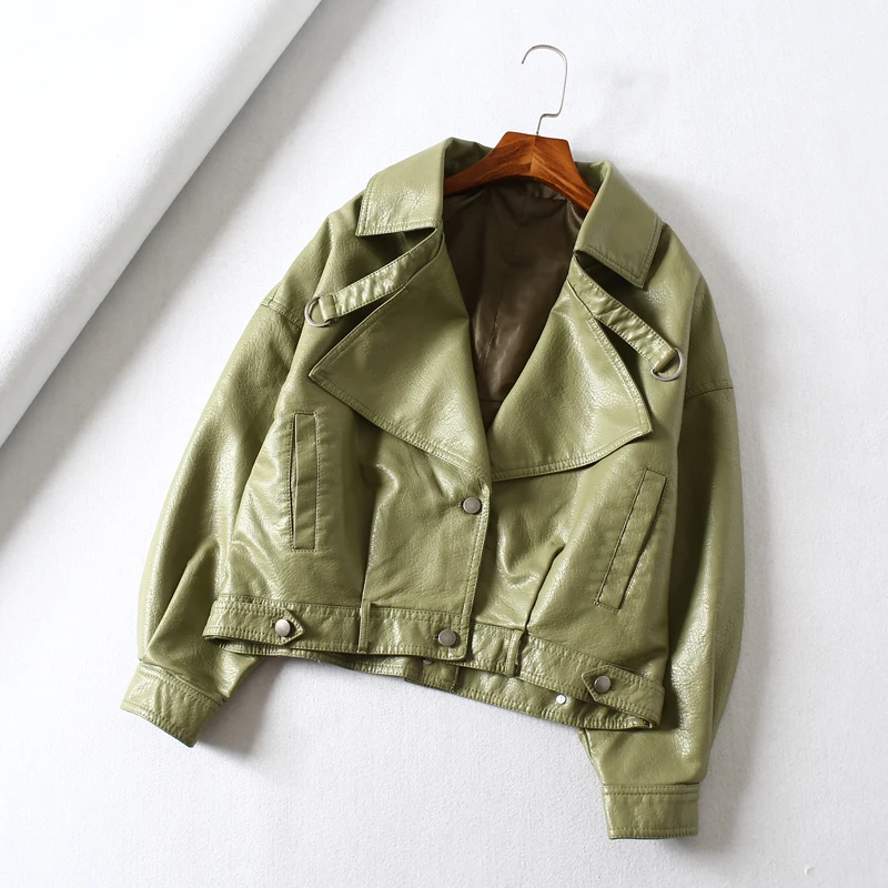  New Women Batwing Sleeve Pu Leather Jackets Femael Boyfriend Style Motorcycles Jacket Ladys Street Green Loose Jacket