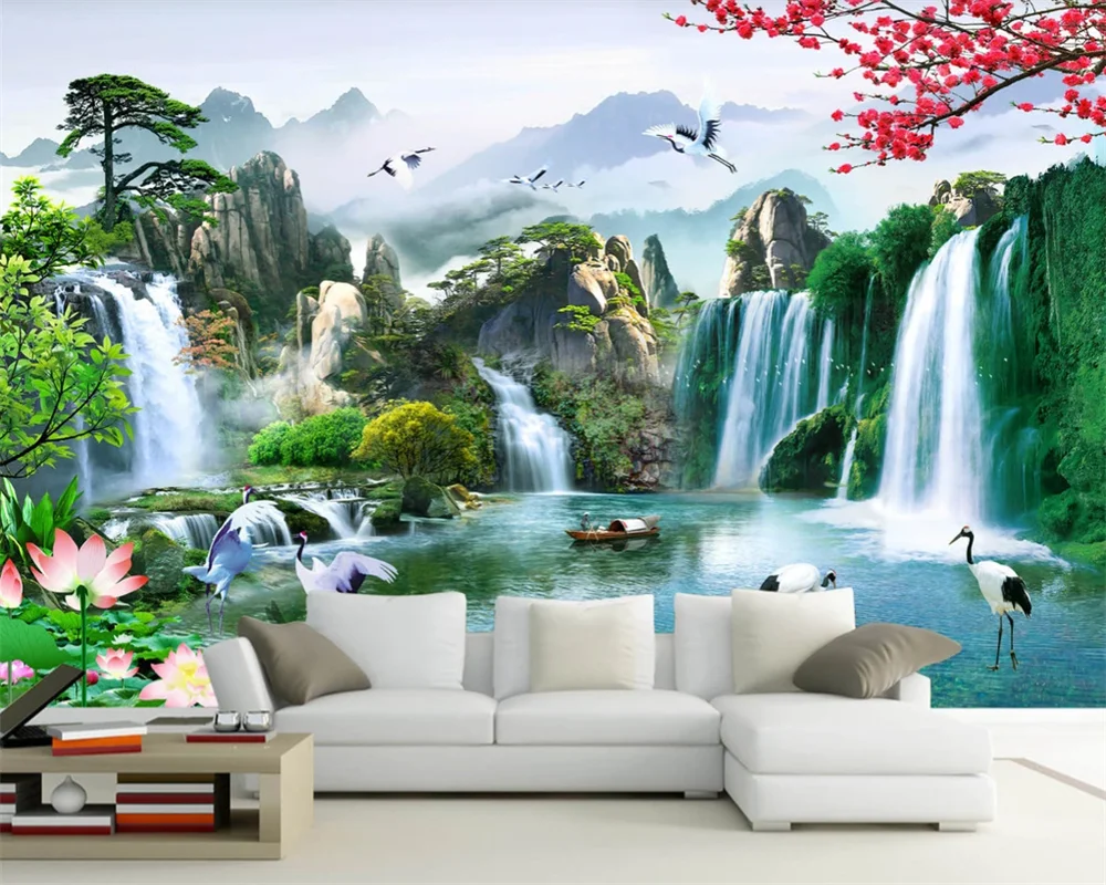 beibehang Customize new Chinese style 3D waterfall natural scenery mural living room TV sofa study room classic wallpaper