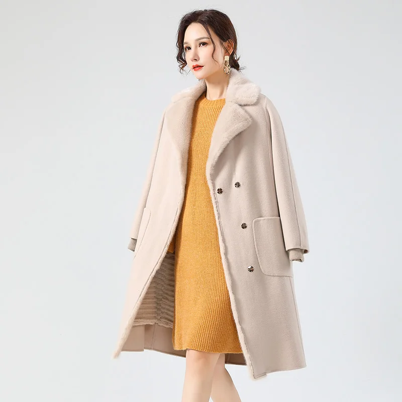 Pudi Women Winter Real Fur Coat Jacket Mink Collar Rabbit Liner 2021 Ins Hot Lady Wool Blends Coats Parka Trench Z20163