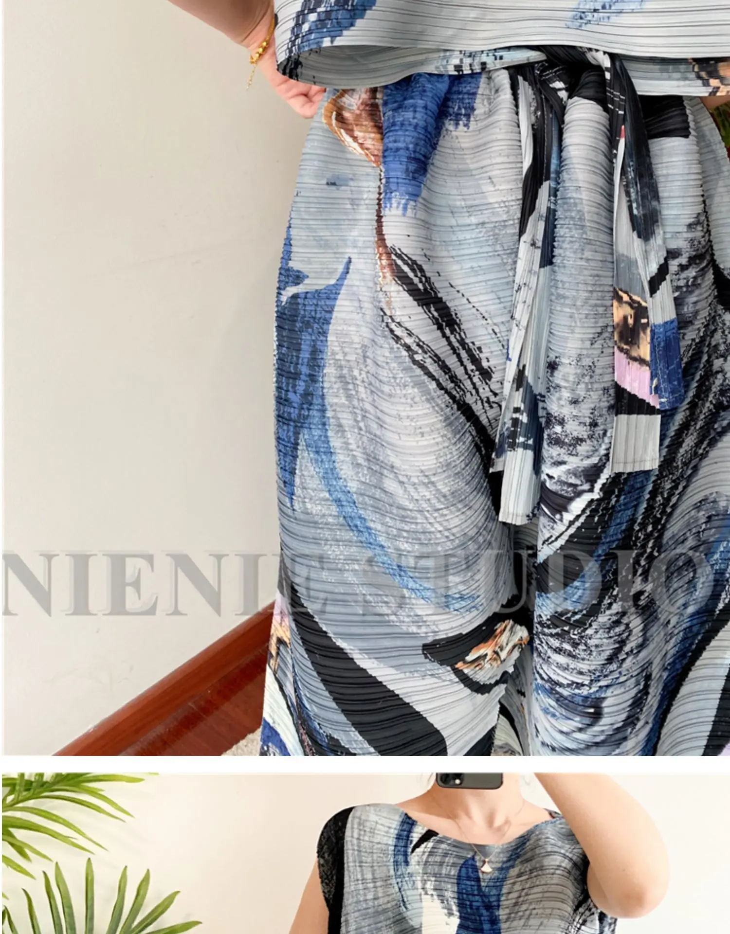 HOT SELLING  Miyake fold fashion O-NECK  Backless printing jumpsuits  IN STOCK