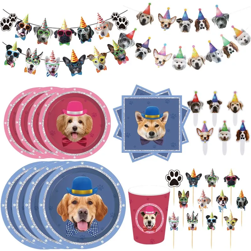 

Dog Theme Birthday Party Supplies Tableware Plate Cup Straw Dessert Plates For Boys Baby Shower Pet Party Cake Decoration