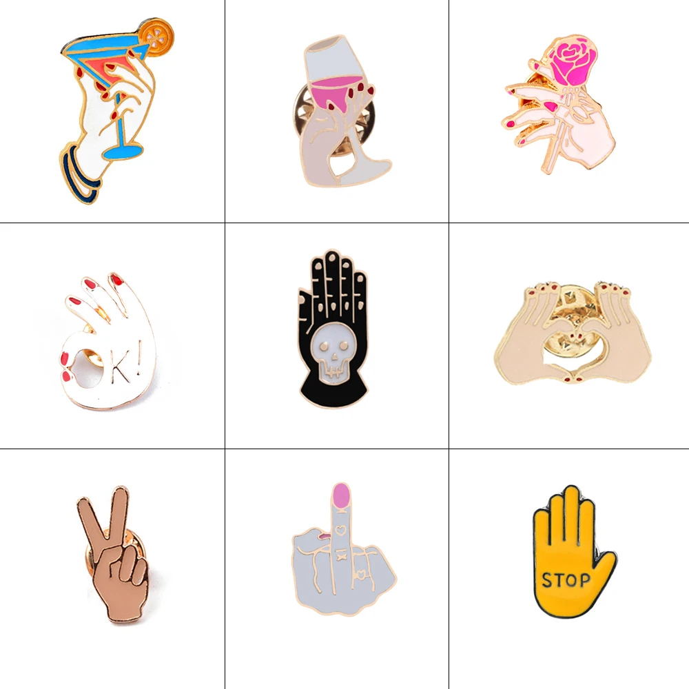 ¡Colección de gestos! Idioma de signos OK Okay YEAH, uñas rojas, corazón, mano, dedo, insignias esmaltadas, broches, alfileres, broche de moda para mujer